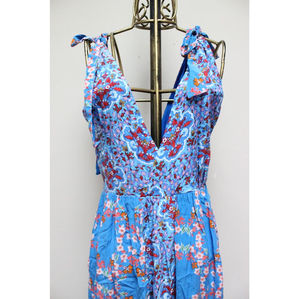 Sandro Blue Floral Tie Plunging Slit Short Long Summer Dress Size 40/Large - Picture 3 of 7
